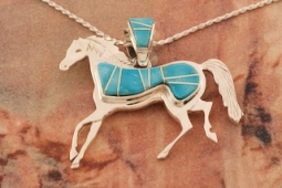 Navajo Artist Calvin Begay Genuine Sleeping Beauty Turquoise Sterling Silver Horse Pendant